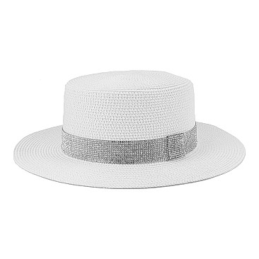 FASHION STRAW WOVEN HAT WITH CRYSTAL BAND ACCENT