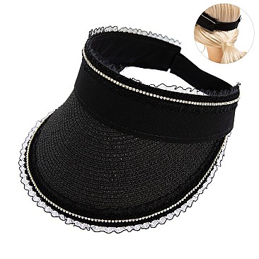 LACE & RHINESTONE STRAW SUN VISOR