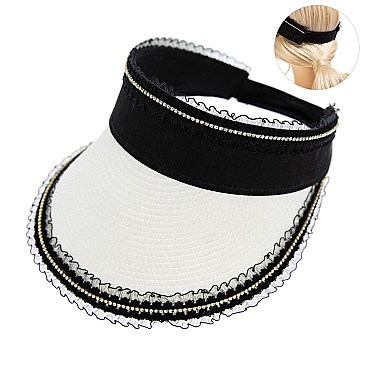 LACE & RHINESTONE STRAW SUN VISOR