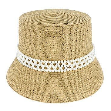 TRENDY PAPER BRAID BUCKET HAT WITH PEARL STRIP