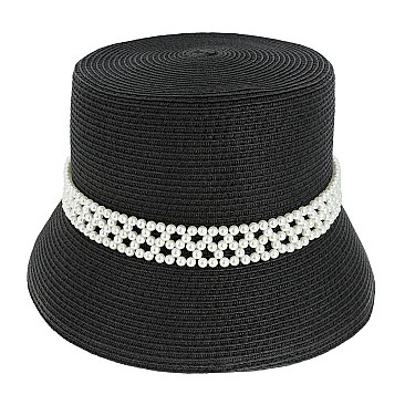 TRENDY PAPER BRAID BUCKET HAT WITH PEARL STRIP