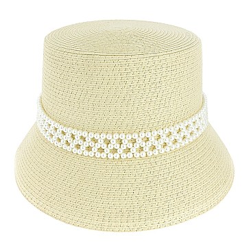 TRENDY PAPER BRAID BUCKET HAT WITH PEARL STRIP