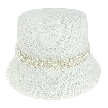 TRENDY PAPER BRAID BUCKET HAT WITH PEARL STRIP