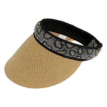 RHINESTONE BAND ANIMAL PRINT WOVEN SUN VISOR