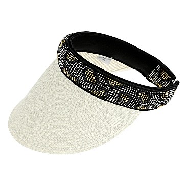 RHINESTONE BAND ANIMAL PRINT WOVEN SUN VISOR