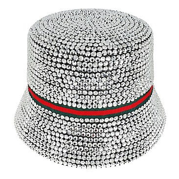 Rhinestone Paper Braided Bucket Hat With Trendy Stripe
