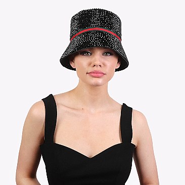 Rhinestone Paper Braided Bucket Hat With Trendy Stripe