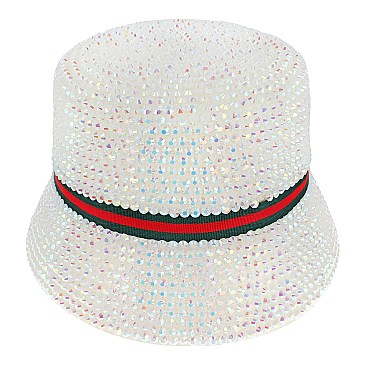 Rhinestone Paper Braided Bucket Hat With Trendy Stripe