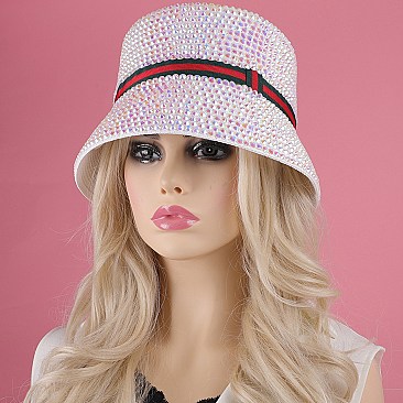 Rhinestone Paper Braided Bucket Hat With Trendy Stripe