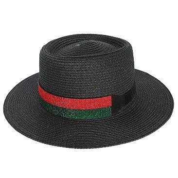 Flat Top Fedora Straw Hat with Crystal Strip