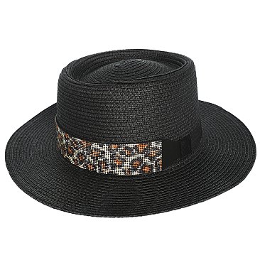Flat Top Fedora Straw Hat with Crystal Strip