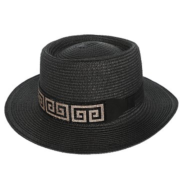 Flat Top Fedora Straw Hat with Crystal Strip