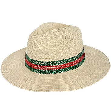 Trendy Rhinestone Striped Paper Fedora Straw Hat