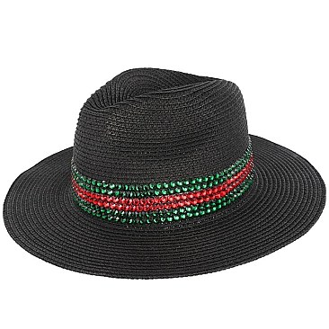 Trendy Rhinestone Striped Paper Fedora Straw Hat