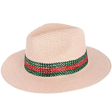 Trendy Rhinestone Striped Paper Fedora Straw Hat