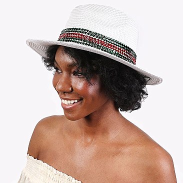 Trendy Rhinestone Striped Paper Fedora Straw Hat