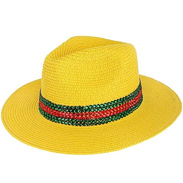 Trendy Rhinestone Striped Paper Fedora Straw Hat