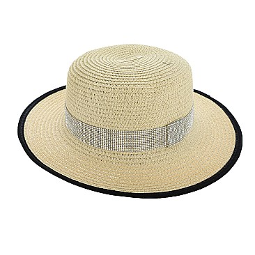 BLACK TRIM CRYSTAL STRIP PANAMA STRAW WOVEN HAT