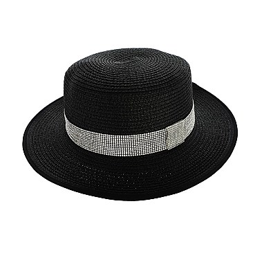 BLACK TRIM CRYSTAL STRIP PANAMA STRAW WOVEN HAT