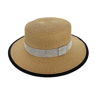 BLACK TRIM CRYSTAL STRIP PANAMA STRAW WOVEN HAT