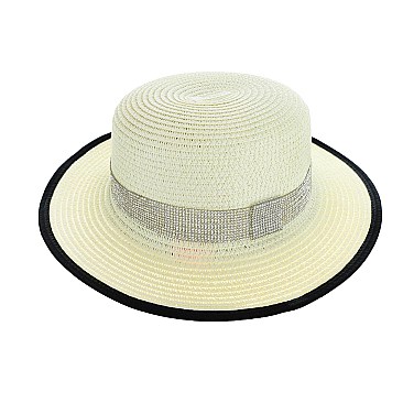 BLACK TRIM CRYSTAL STRIP PANAMA STRAW WOVEN HAT