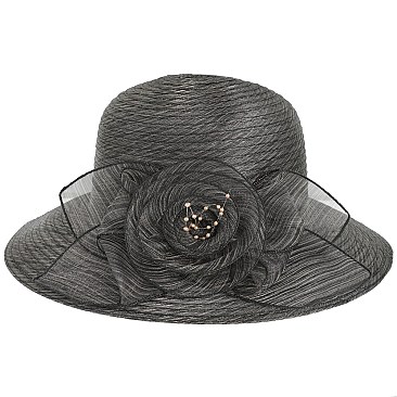 CLASSIC DRESSY PAPER SUMMER HAT WITH FLORAL ROSE BUD