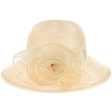 CLASSIC DRESSY PAPER SUMMER HAT WITH FLORAL ROSE BUD