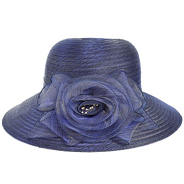 CLASSIC DRESSY PAPER SUMMER HAT WITH FLORAL ROSE BUD