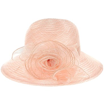 CLASSIC DRESSY PAPER SUMMER HAT WITH FLORAL ROSE BUD