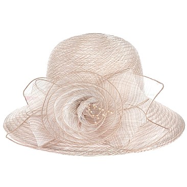 CLASSIC DRESSY PAPER SUMMER HAT WITH FLORAL ROSE BUD