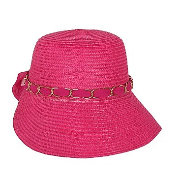 Fashionable Paper Braid Gardening Hat w/Sheer Bow Chain Link