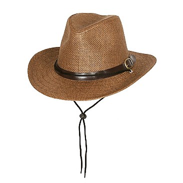 Fashionable Paper Braid Cowboy Hat With Belt Buckle Band And Adjustable Tie SLWHTP676