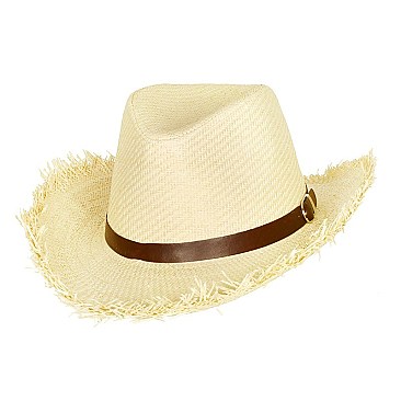 Fashionable Raw Edge Paper Braid Cowboy Hat with Belt Buckle Band