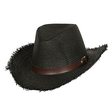 Fashionable Raw Edge Paper Braid Cowboy Hat with Belt Buckle Band