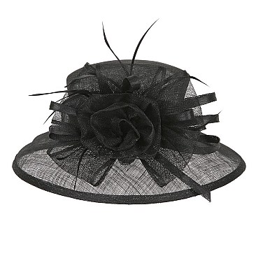 Sinamay Hat w/ Large Brim and Floral Feather Center SLHTS2074