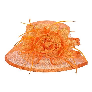Sinamay Hat w/ Large Brim and Floral Feather Center SLHTS2074