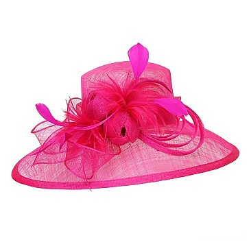 SINAMAY HAT W/LOOPY FLORAL FEATHER CENTER  OVAL MED BRIM