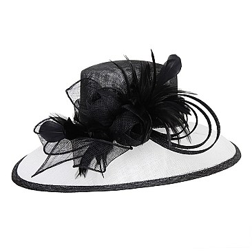 SINAMAY HAT W/LOOPY FLORAL FEATHER CENTER  OVAL MED BRIM