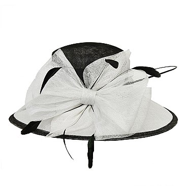 SINAMAY HAT MEDIUM TWO TONE W/ FLORAL FEATHER CENTER  SLHTS2132