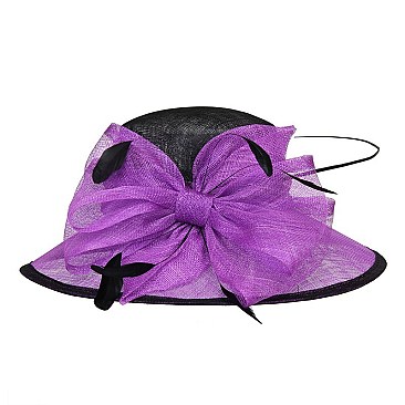 SINAMAY HAT MEDIUM TWO TONE W/ FLORAL FEATHER CENTER  SLHTS2132