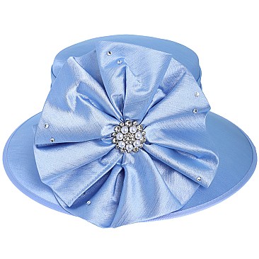 MEDIUM BRIM SATIN DRESSY HAT WITH A BROOCH ACCENT