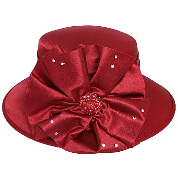 MEDIUM BRIM SATIN DRESSY HAT WITH A BROOCH ACCENT