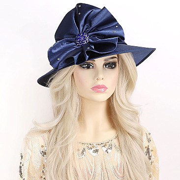 MEDIUM BRIM SATIN DRESSY HAT WITH A BROOCH ACCENT