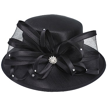 MEDIUM BRIM SATIN DRESSY HAT WITH A LARGE BOW RIBBON