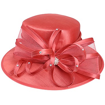 MEDIUM BRIM SATIN DRESSY HAT WITH A LARGE BOW RIBBON