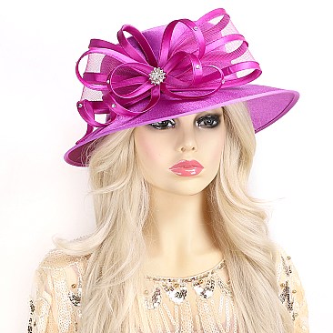 MEDIUM BRIM SATIN DRESSY HAT WITH A LARGE BOW RIBBON