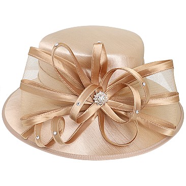 MEDIUM BRIM SATIN DRESSY HAT WITH A LARGE BOW RIBBON