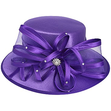 MEDIUM BRIM SATIN DRESSY HAT WITH A LARGE BOW RIBBON