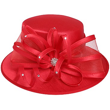 MEDIUM BRIM SATIN DRESSY HAT WITH A LARGE BOW RIBBON