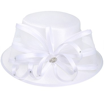 MEDIUM BRIM SATIN DRESSY HAT WITH A LARGE BOW RIBBON